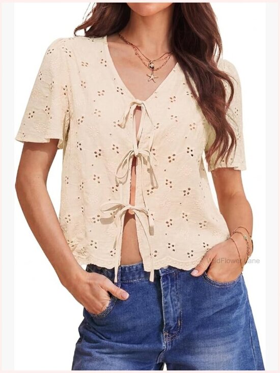 Other - Cotton Eyelet Tie Front V Neck Boho Beach Cover Up Top